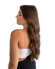 side profile of women posing with long brown hair